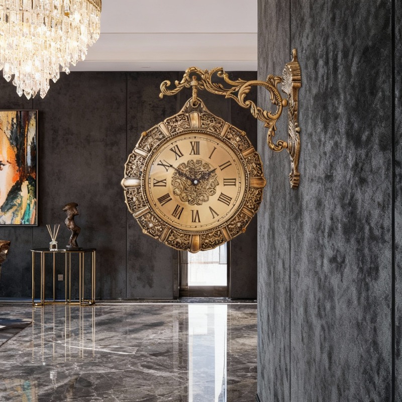 Luxury Lifestyle Aesthetic - นาฬิกาแขวนผนังห้องนั่งเล่นสไตล์นอร์ดิกเรโทร แบบเงียบ สองด้าน หรูหรา สร้างสรรค์ สวยงาม